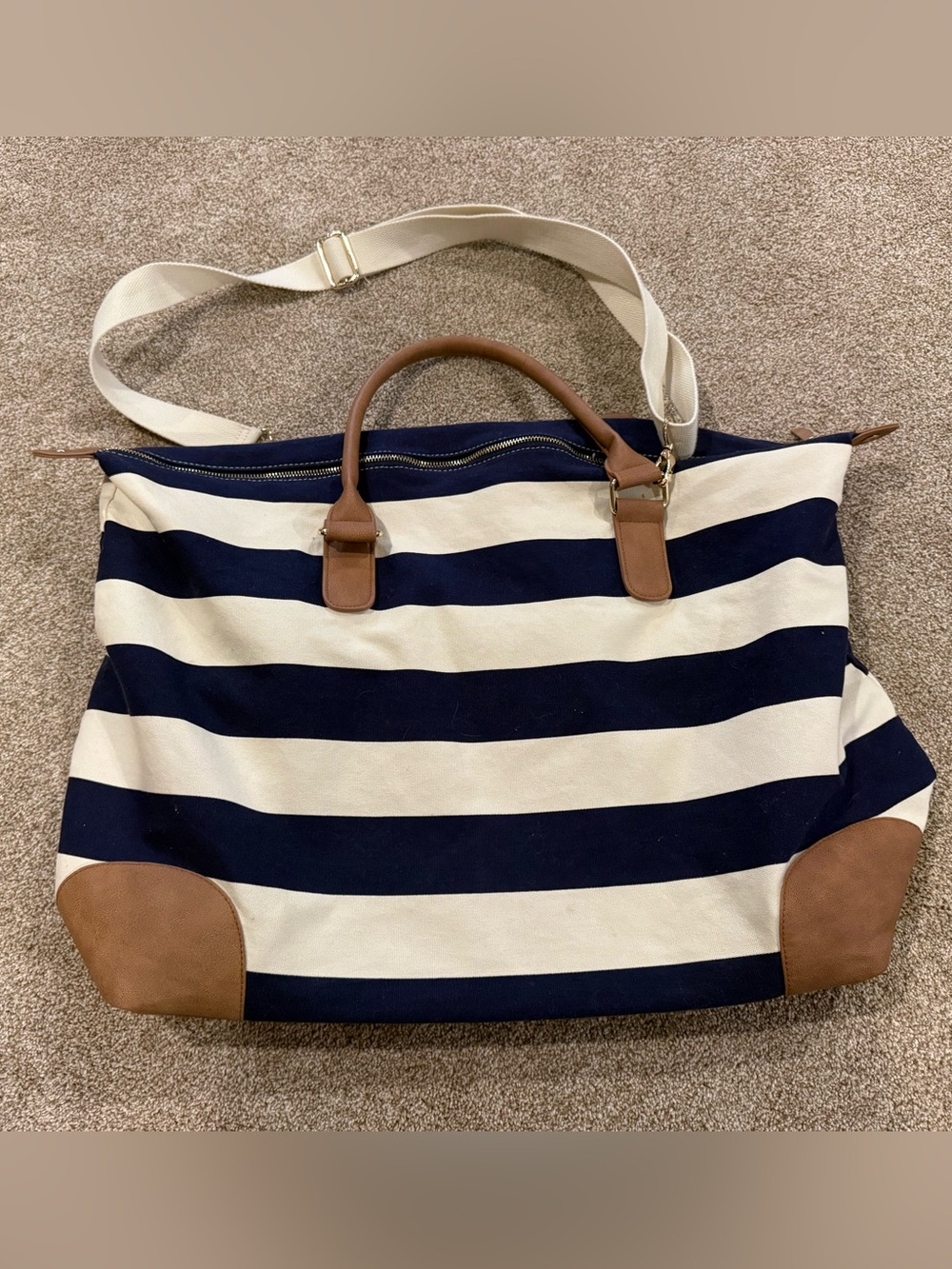 Striped Weekend Tote Bag - Navy & White with Brown Accents